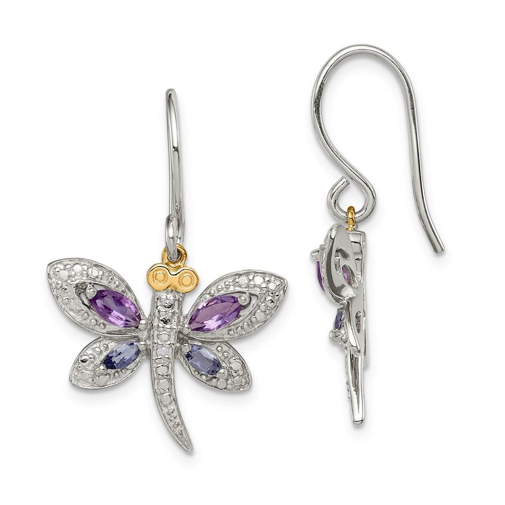 Distinctive Sterling Silver 14k Accent Amethyst and Iolite and Diamond Dragonfly Earrings