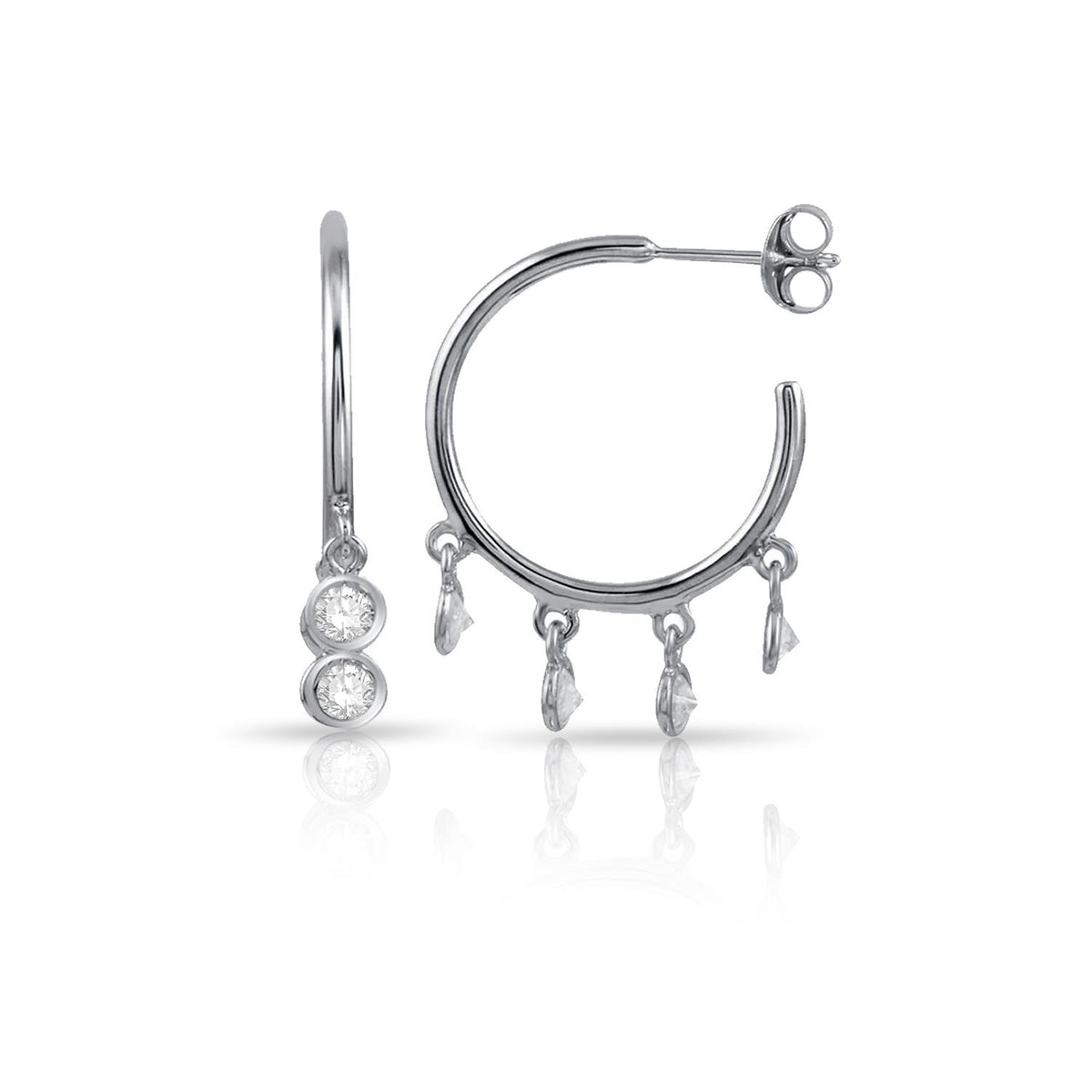 PARIKHS Rhodium Plated semi Hoop CZ circular Earrings in 925 Sterling Silver