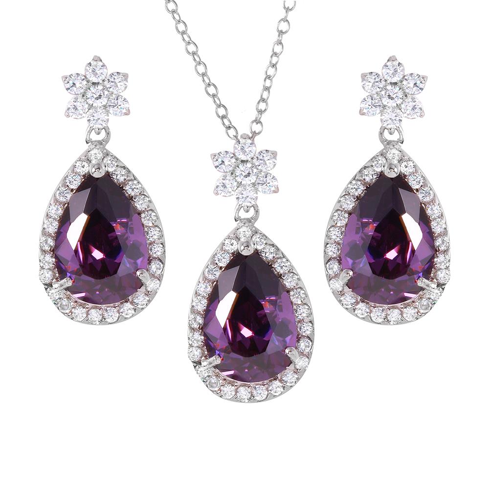 PARIKHS Rhodium Plated Purple Pear Shapped Necklace-Earring Set in 925 Sterling Silver