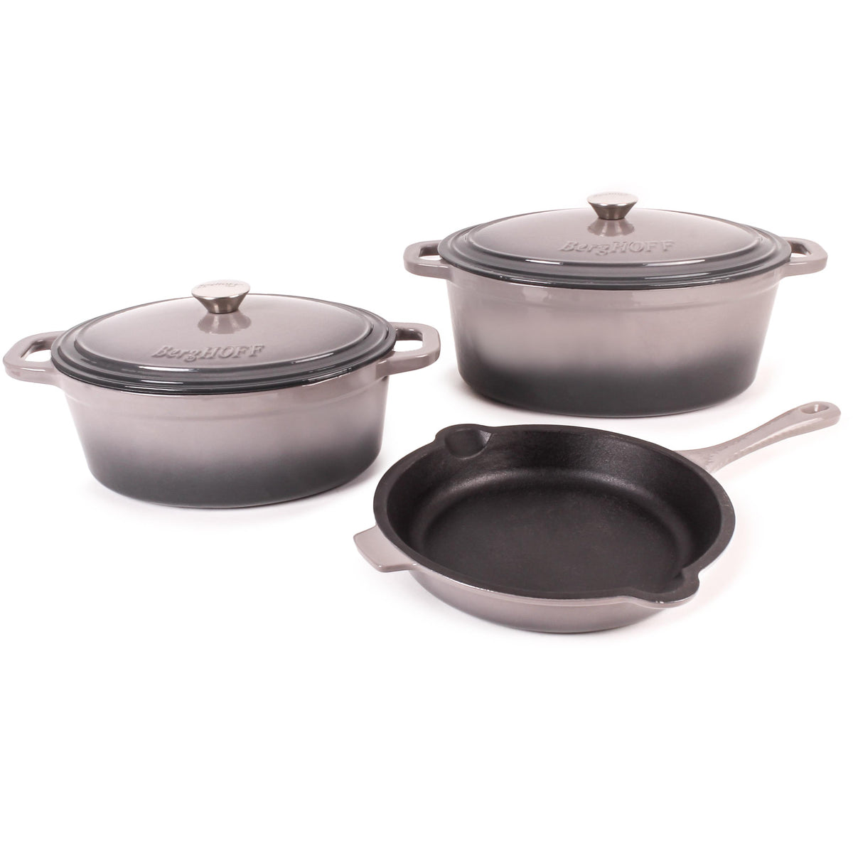 BergHOFF Neo 5pc Cast Iron Oval Dutch Oven Set with 10" Fry Pan, 5qt. & 8qt., Oyster
