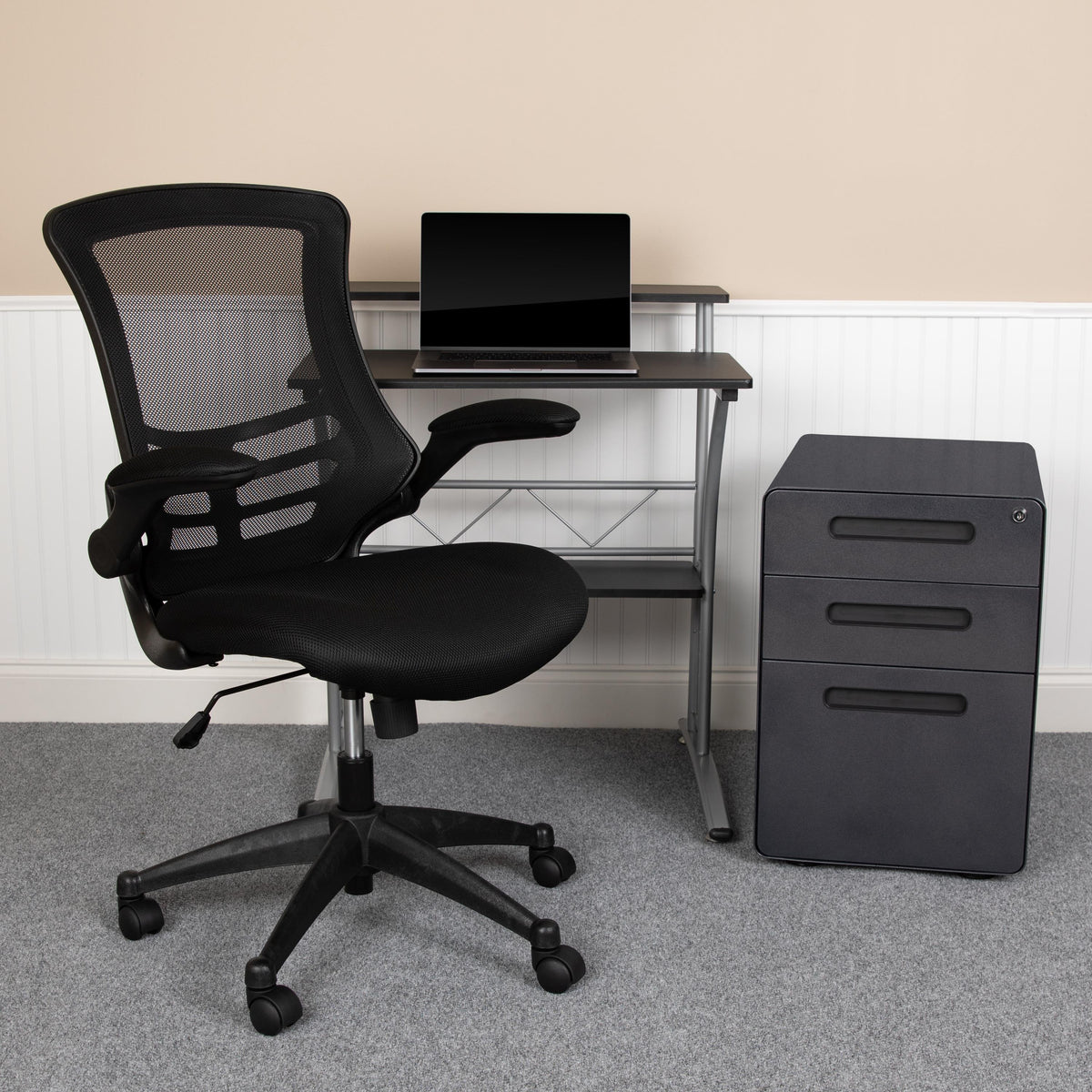 Flash Furniture 3PC Office Set-Black Computer Desk, Ergonomic Mesh Office Chair, Filing Cabinet