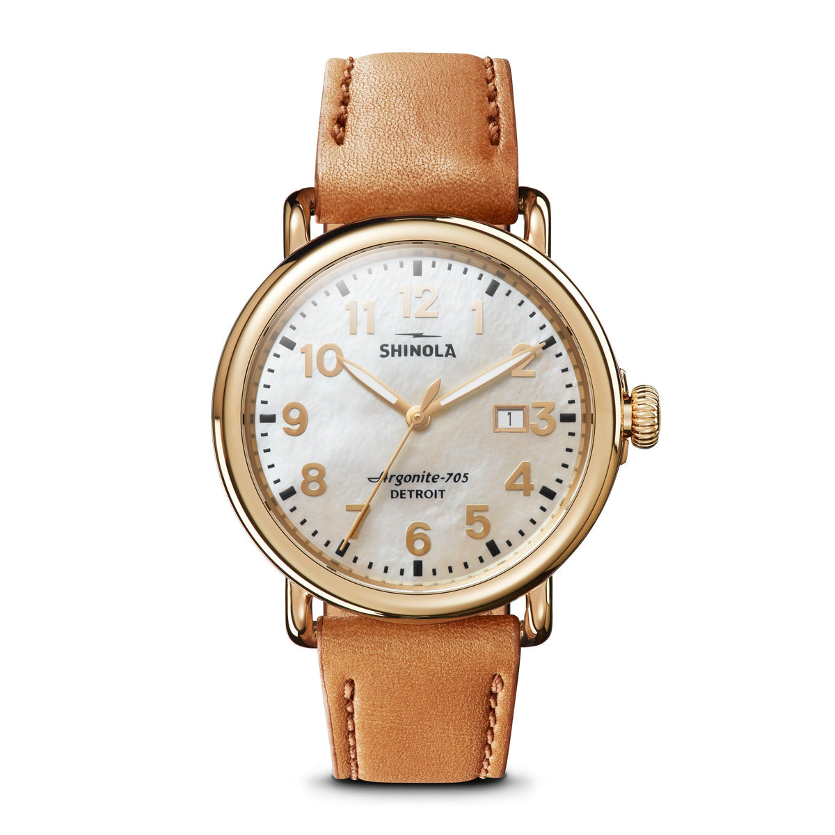 Shinola Ladies Runwell Date Tan Leather Strap Watch White MOP Dial