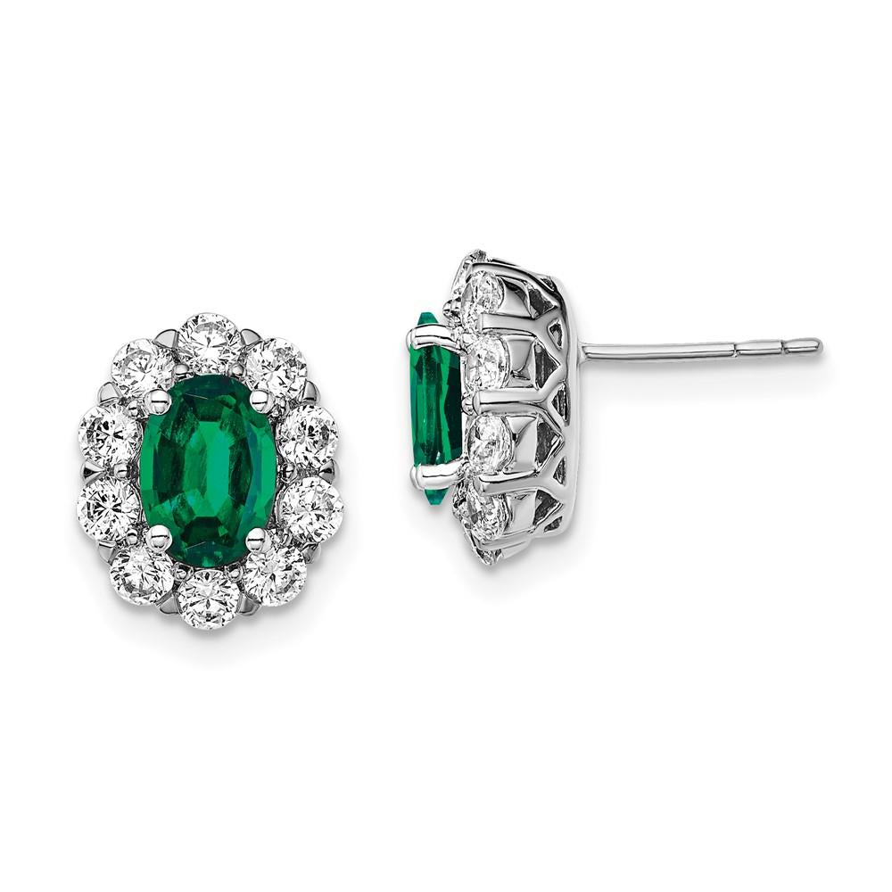 Distinctive 14K White Gold Lab Grown Diamond and Oval Created Emerald Fashion Earrings