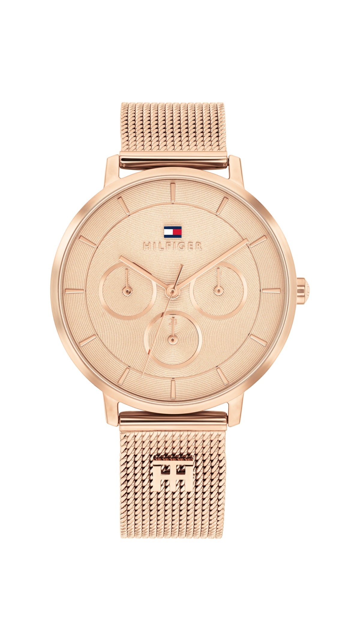 Tommy Hilfiger Ladies. Rose Gold Plated case and Mesh Bracelet. Taupe Multi-function Dial