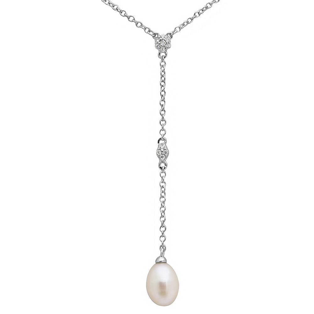 PARIKHS Rhodium Plated CZ Drop Fresh Water Pearl Necklace in 925 Sterling Silver