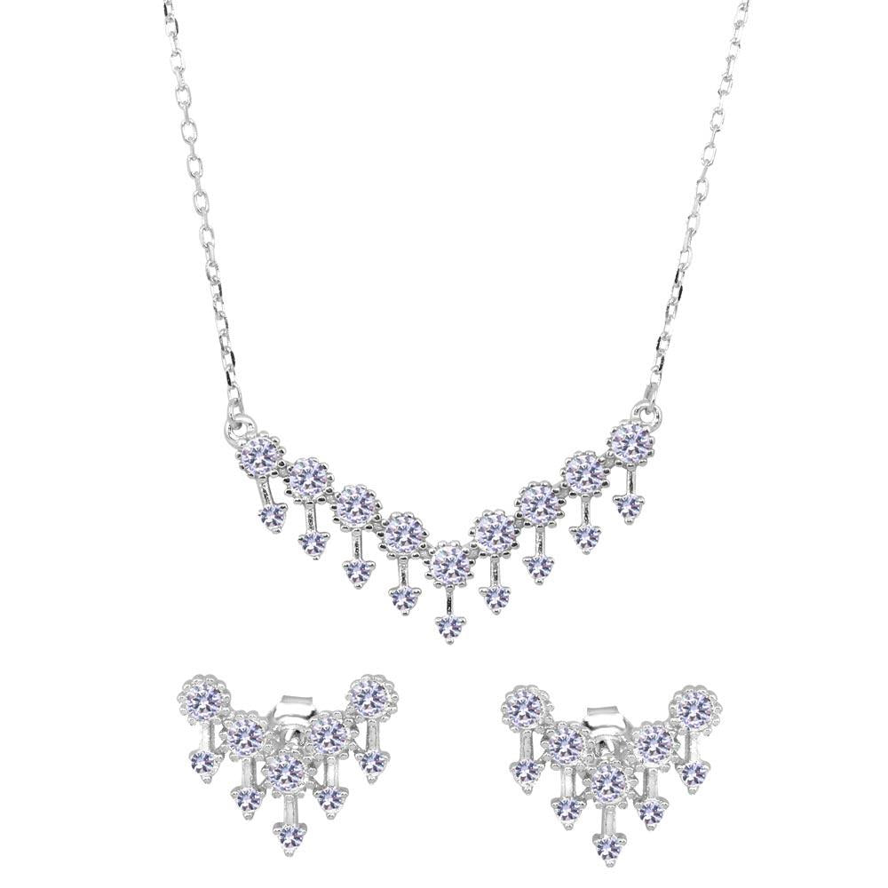 PARIKHS Rhodium Plated V Arrows Necklace-Earring Set with CZ in 925 Sterling Silver