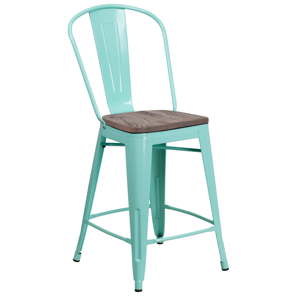 Flash Furniture 24" High Mint Green Metal Counter Height Stool with Back and Wood Seat
