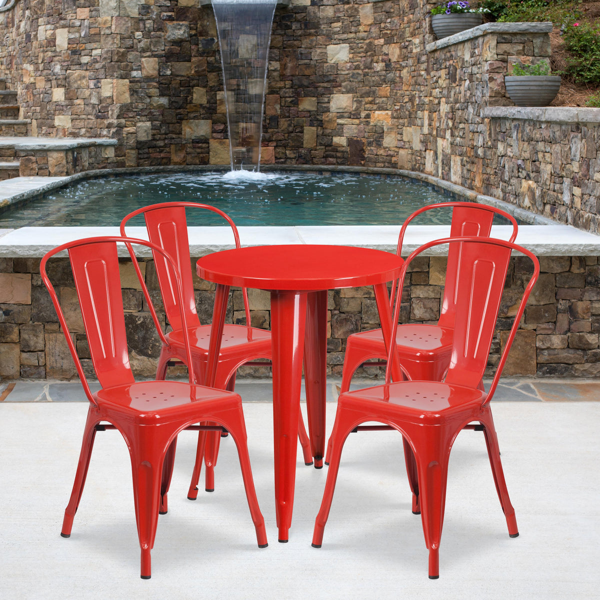 Flash Furniture 24" Round Red Metal Indoor-Outdoor Table Set with 4 Cafe Chairs
