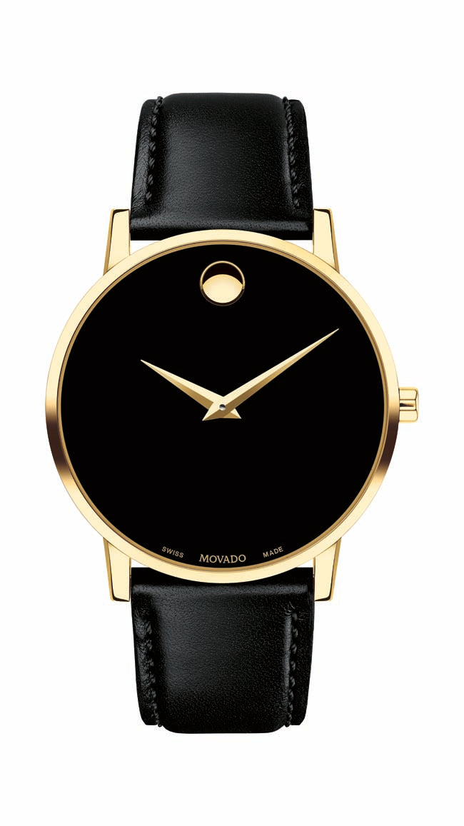 Movado Classic Museum Gents. Yellow Gold PVD Case. Black dial. Black Calfskin Strap