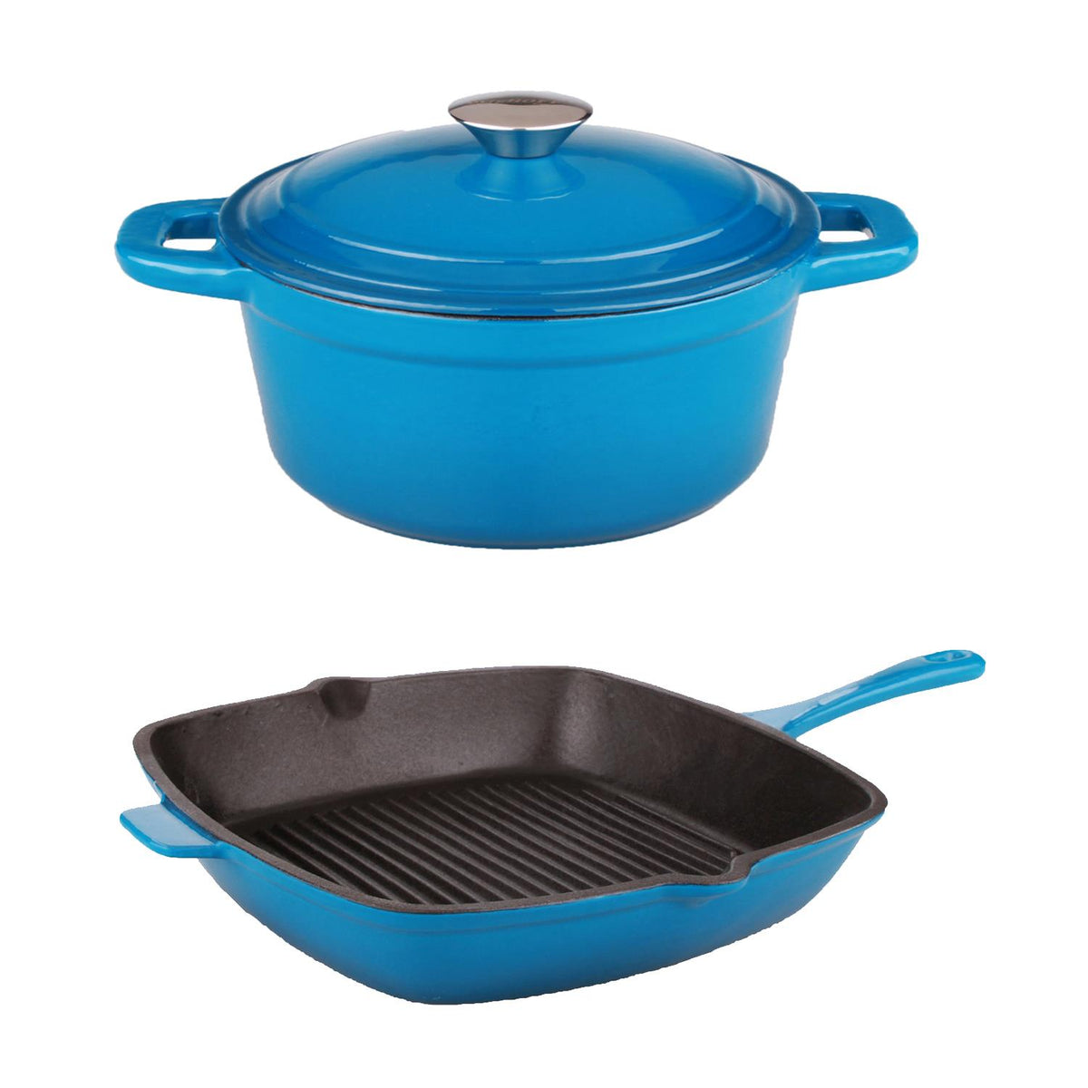 BergHOFF Neo 3pc Cast Iron Cookware Set, Grill Pan & Round Dutch Oven, Blue