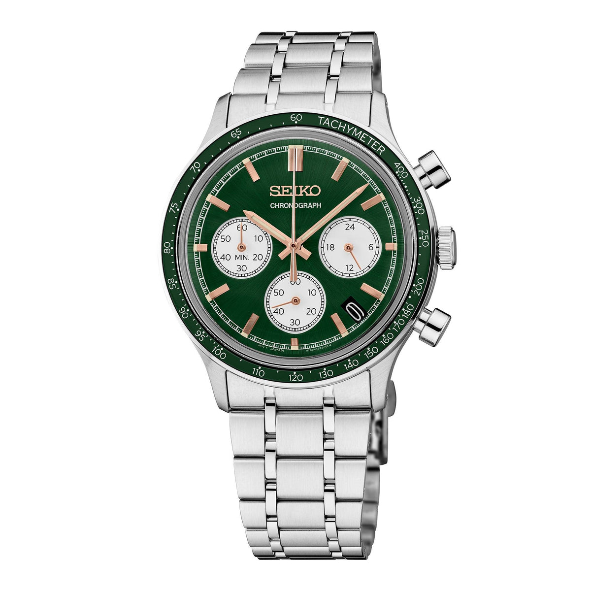 Seiko Mens Essentials Chronograph Silver-Tone Stainless Steel Watch Green Dial