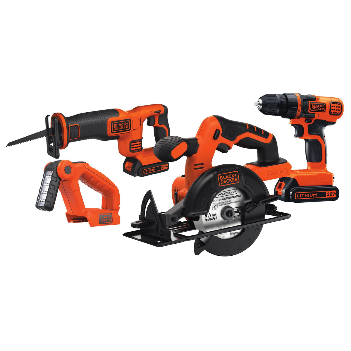 Black & Decker 20V Max DIY 4 Tool Kit - Drill/Driver Circ Saw Recip Saw Work Light