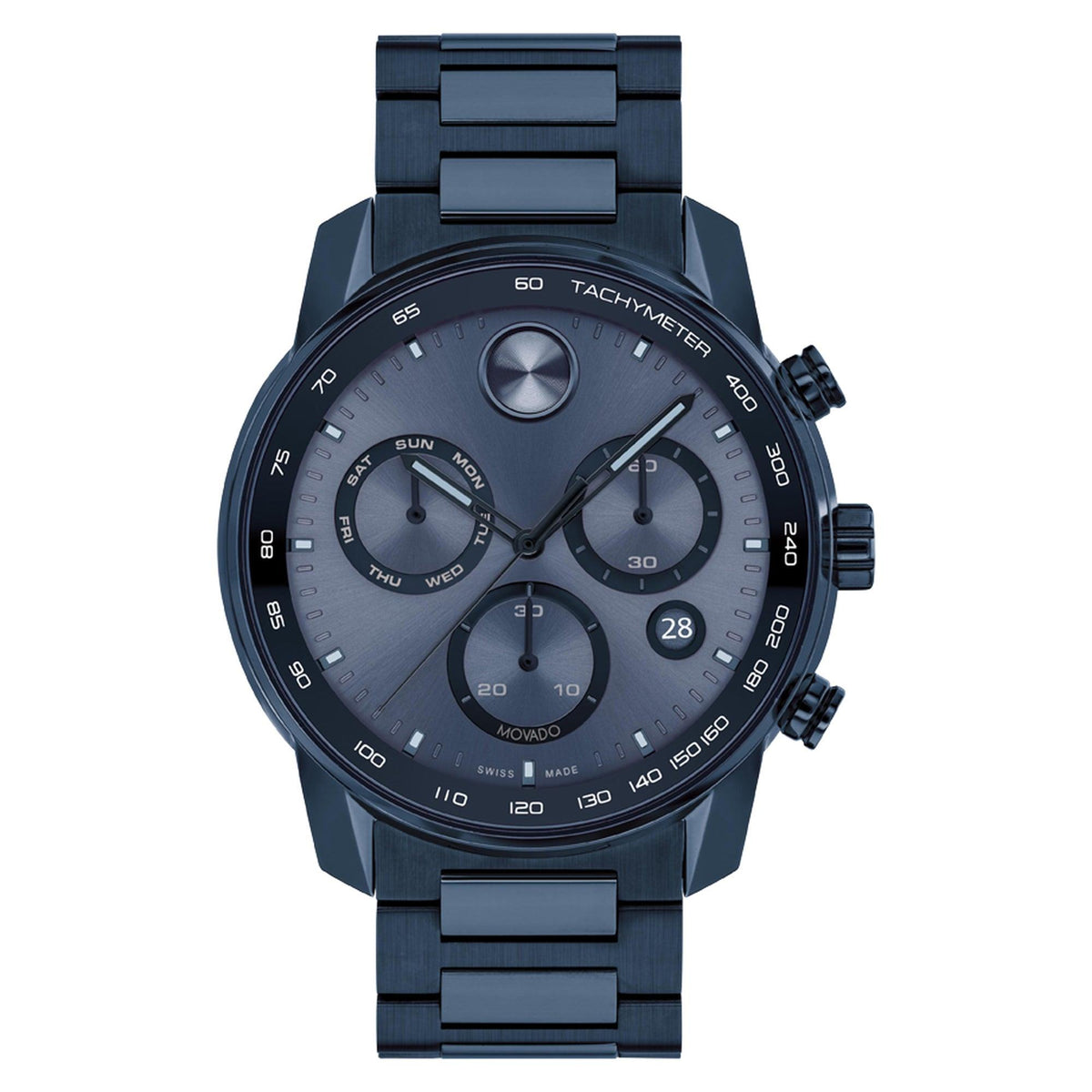 Movado Mens BOLD Verso Chronograph Dark Blue IP Stainless Steel Watch Dark Blue Dial