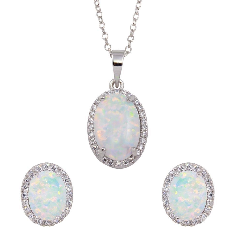 PARIKHS Rhodium Plated Oval Synthetic Opal Necklace-Earring Set with CZ in 925 Sterling Silver