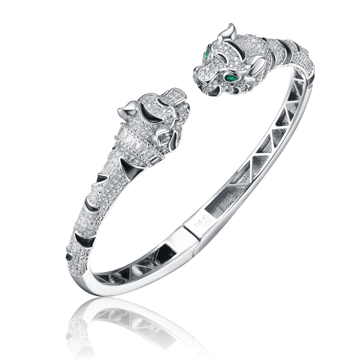 GENEVIVE Rhodium CZ Green Eyed Tiger Bangle Size 7"