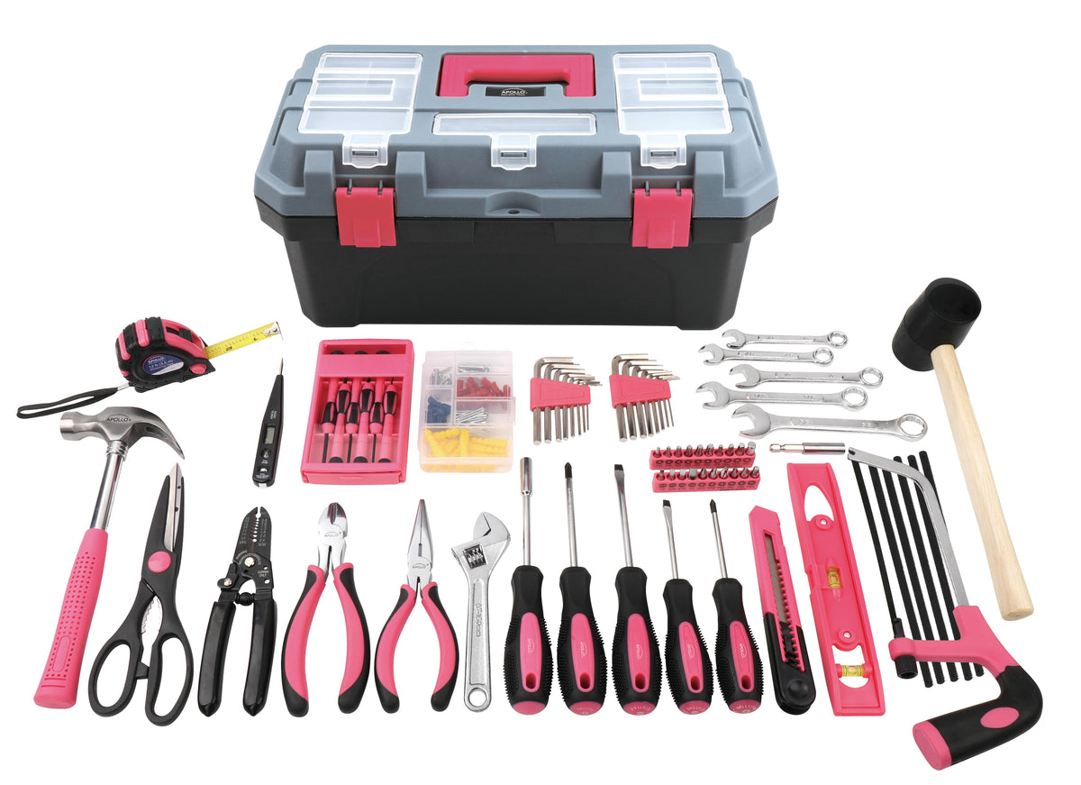 Apollo Tools 170 Piece Household Tool Kit with Tool Box- Pink