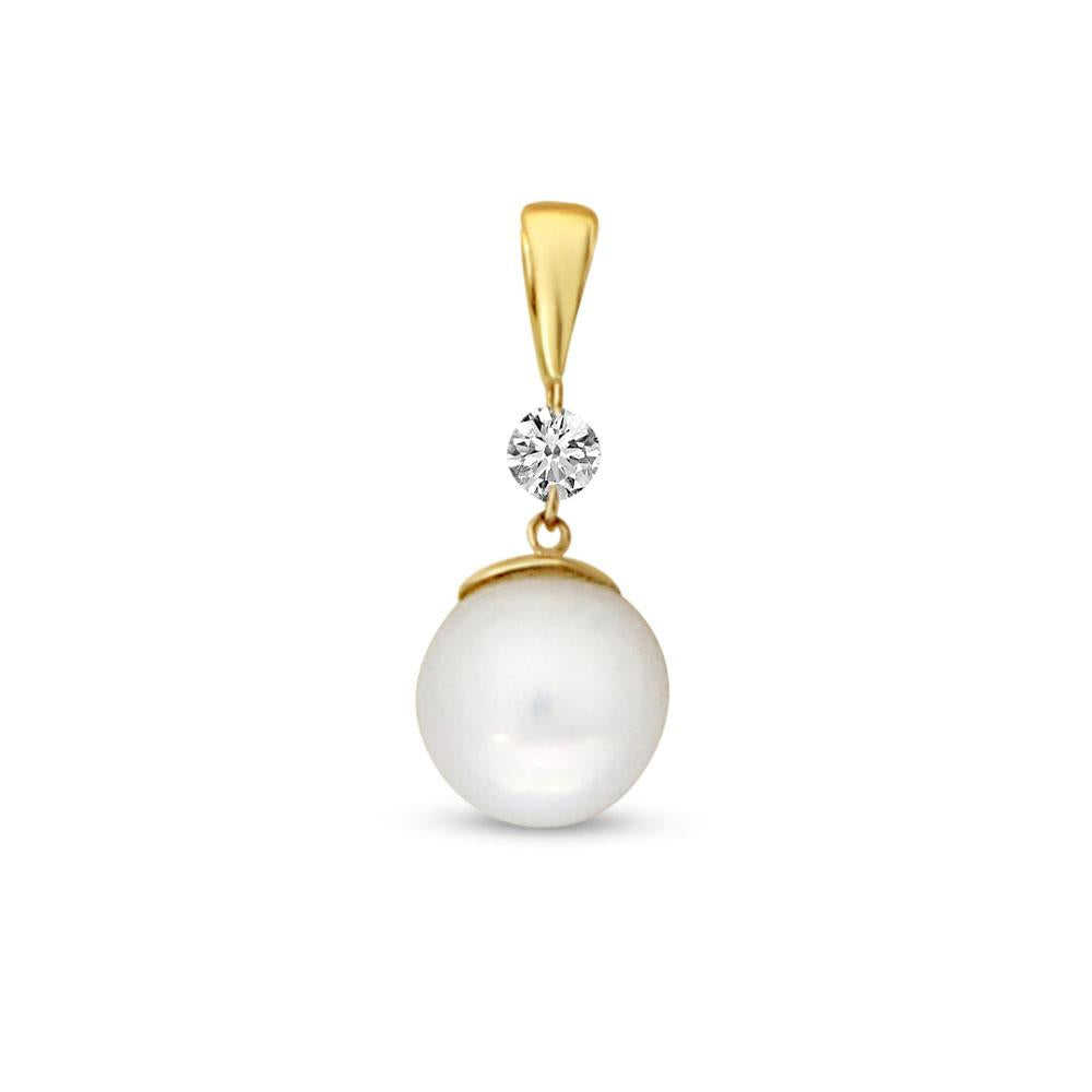 Distinctive 14K Yellow Gold Dashing Diamond Pearl Pendant