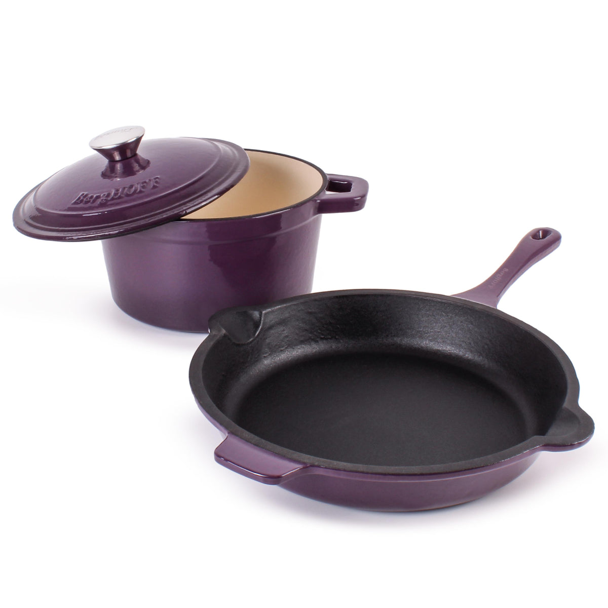 BergHOFF Neo 3pc Cast Iron Cookware Set, Fry Pan & Round Dutch Oven, Purple