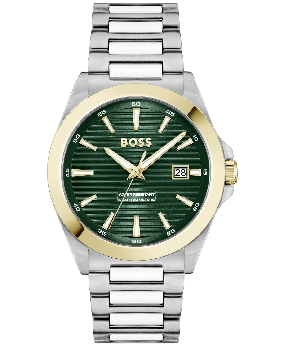 HUGO BOSS Boss Strike Gents. Stainless Steel Case & Bracelet. Light YG IP Bezel. Olive Green Dial.