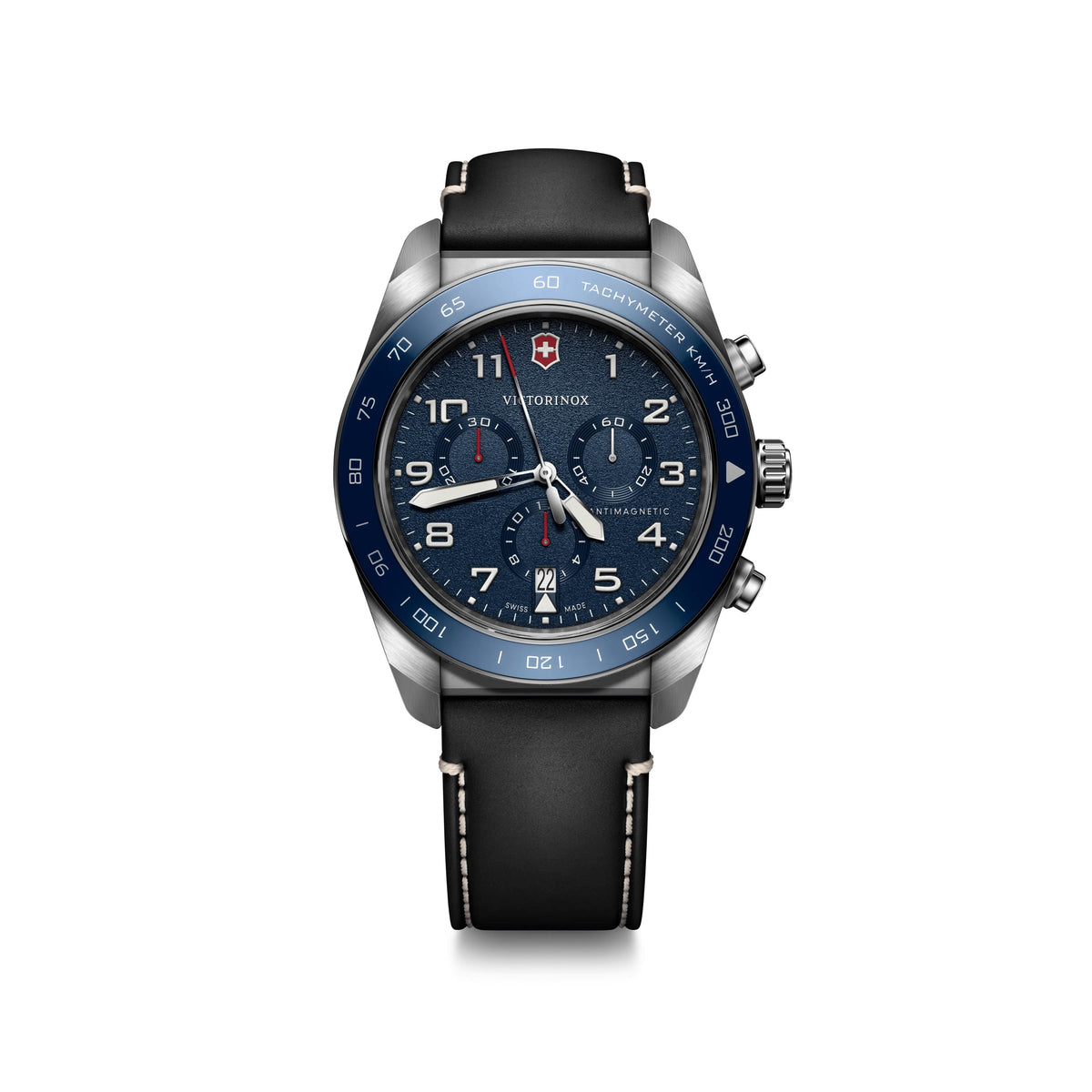 Victorinox Swiss Army Swiss Army Chrono 42mm, silver case, blue bezel/dial, black leather strap