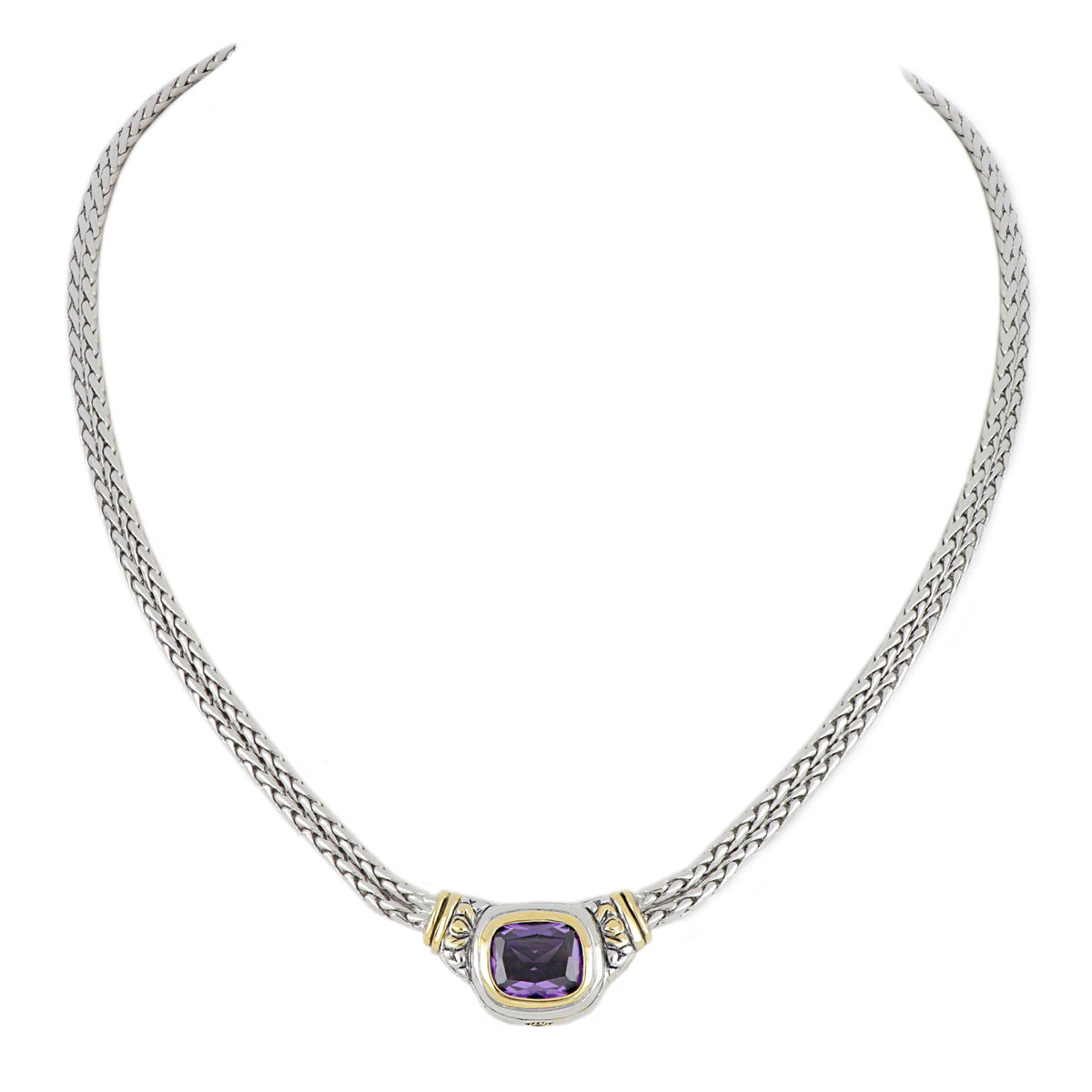 John Medeiros Nouveau Double Strand Necklace. Large Color CZ, Amethyst. 16" L, Settings 1" Lx1/2"W. Rhodium chain