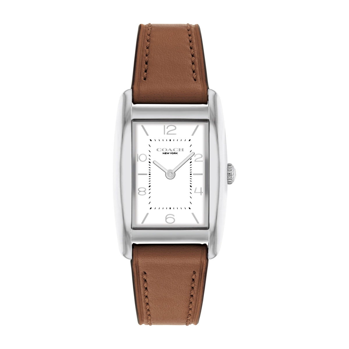 Coach Ladies' Reese Silver Rectangle Brown Leather Strap Watch White Dial