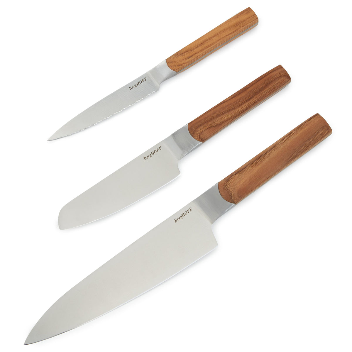 BergHOFF DiNA Ion 3pc Ash Wood Cutlery Set: Utiliyy, Chefs & Santoku