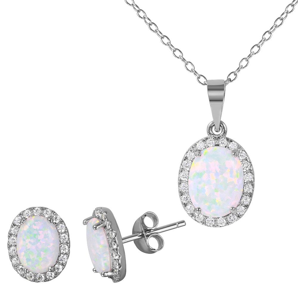 PARIKHS Rhodium Plated Oval Halo Necklace-Earring Set with Synthetic Opal, CZ in 925 Sterling Silver