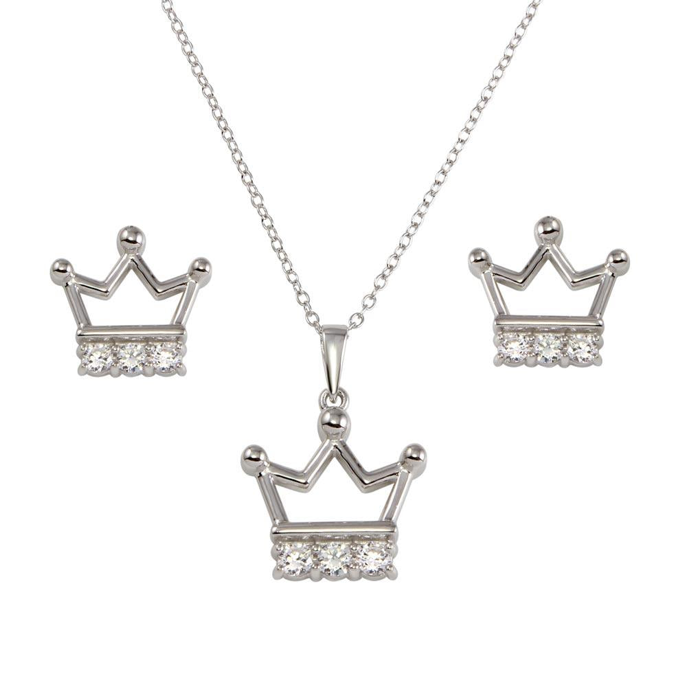 PARIKHS Rhodium Plated Crown with CZ Necklace-Earring Set in 925 Sterling Silver