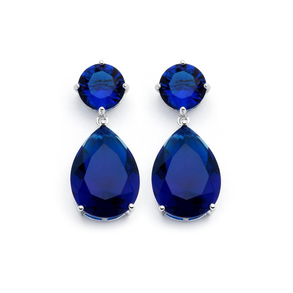 PARIKHS Rhodium Plated Round Teardrop Blue CZ Dangling Stud Earring in 925 Sterling Silver