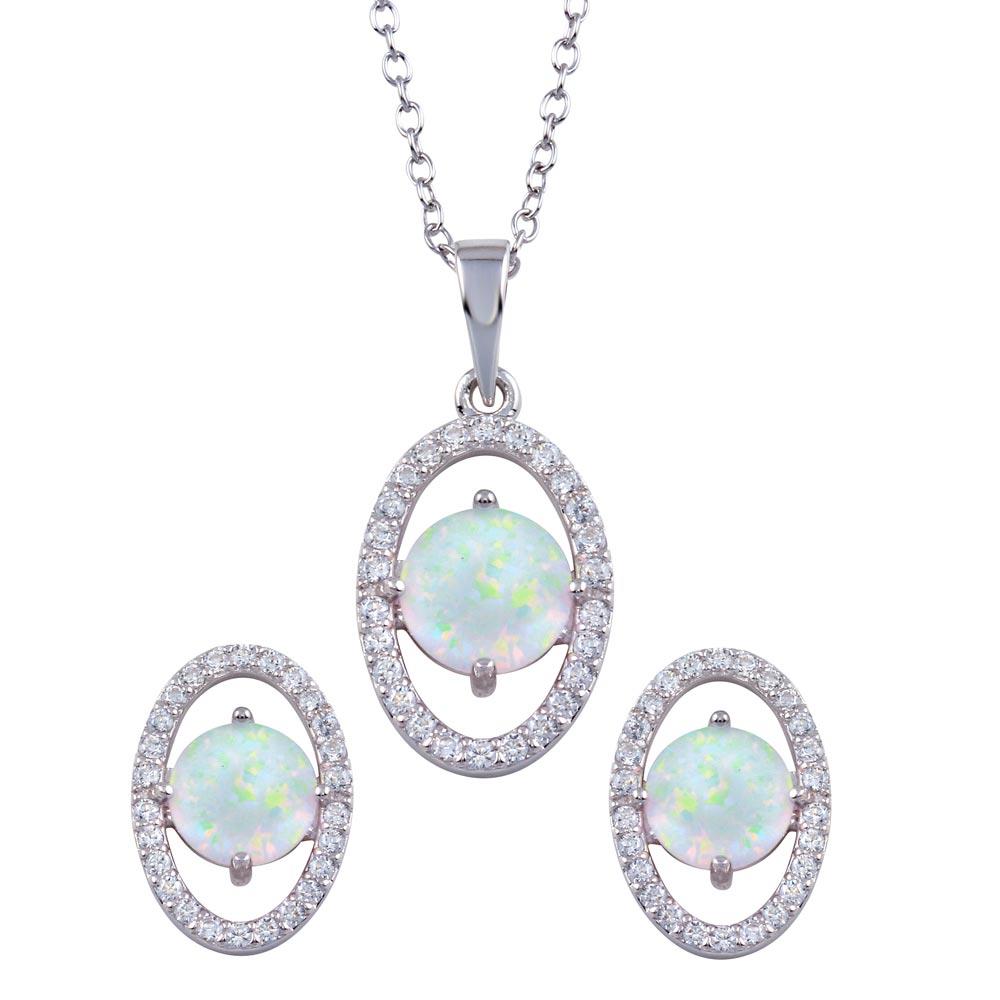 PARIKHS Synthetic Opal Center Open Oval CZ Necklace-Earring Set in 925 Sterling Silver