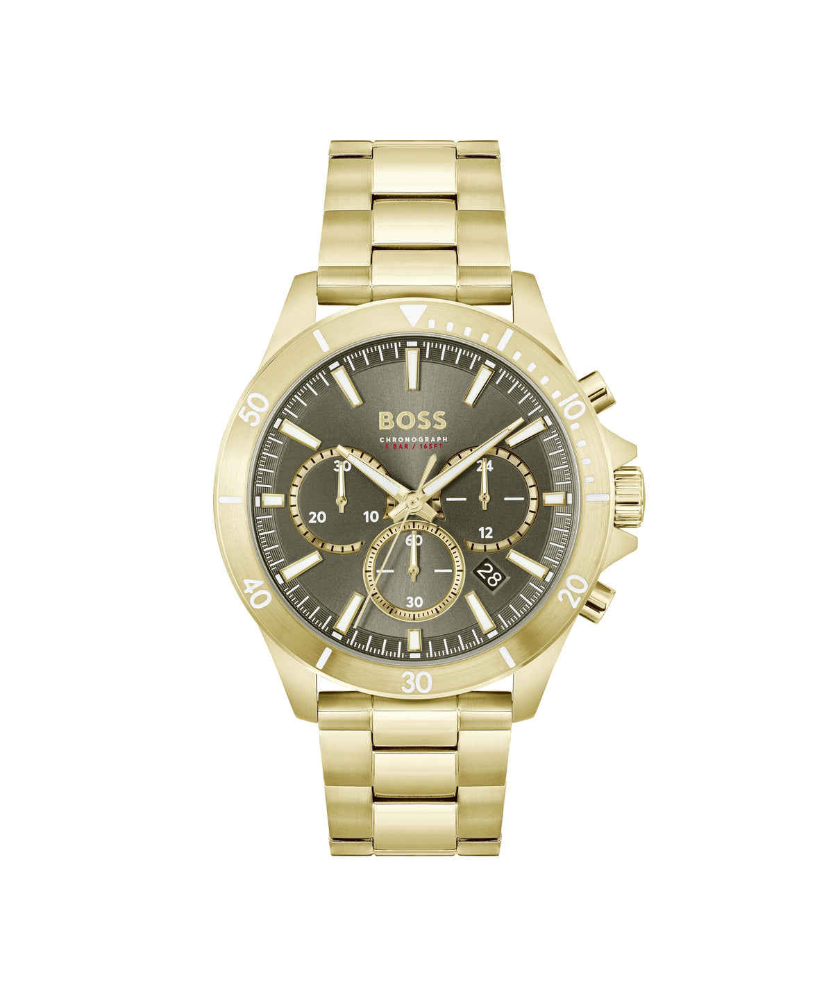 HUGO BOSS Boss Troper Gents. Ionic plated Yellow Gold Case & Bracelet. Olive Green Chrono Dial.