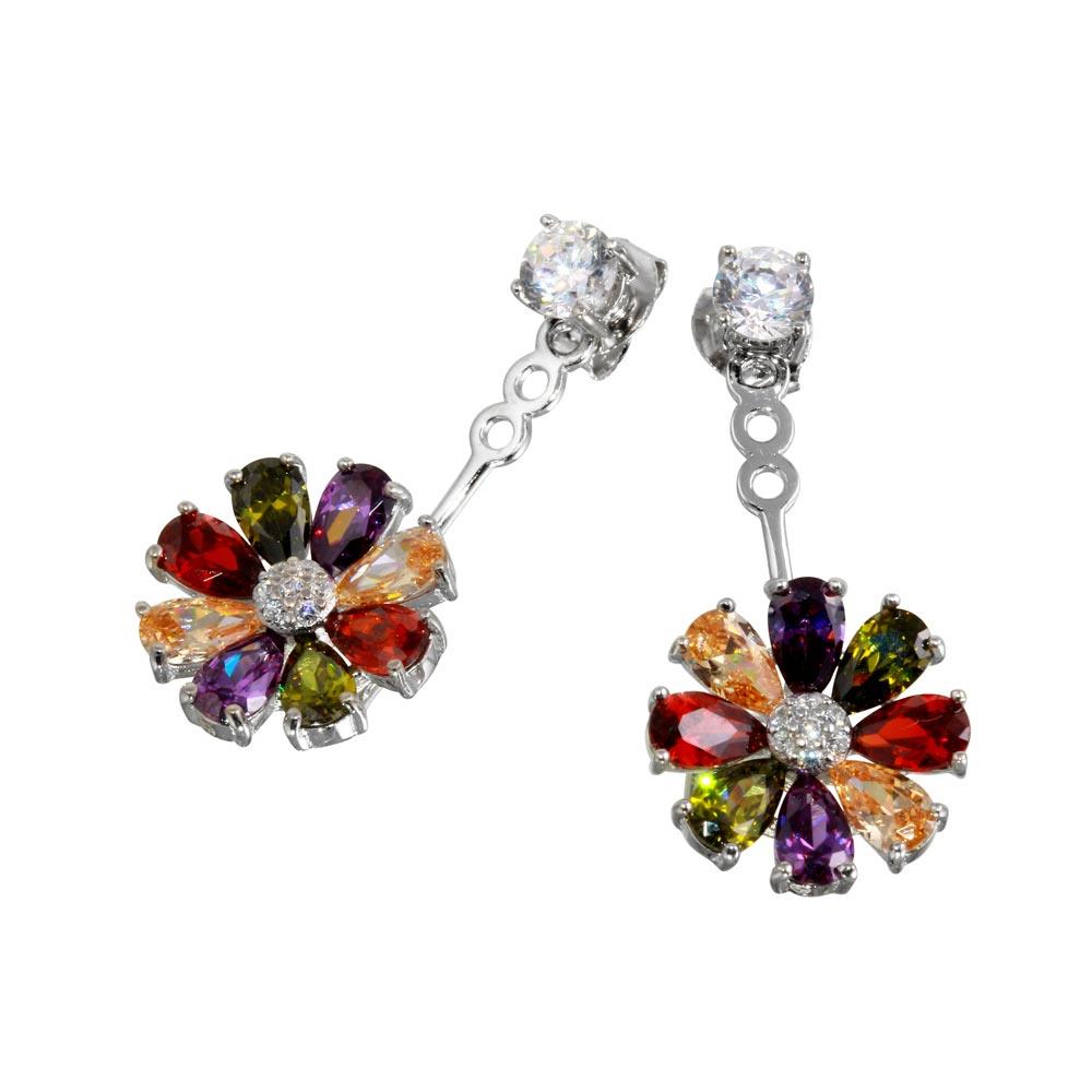 PARIKHS Rhodium Plated Multi Color Sun Flower Hanging Stud Earrings in 925 Sterling Silver