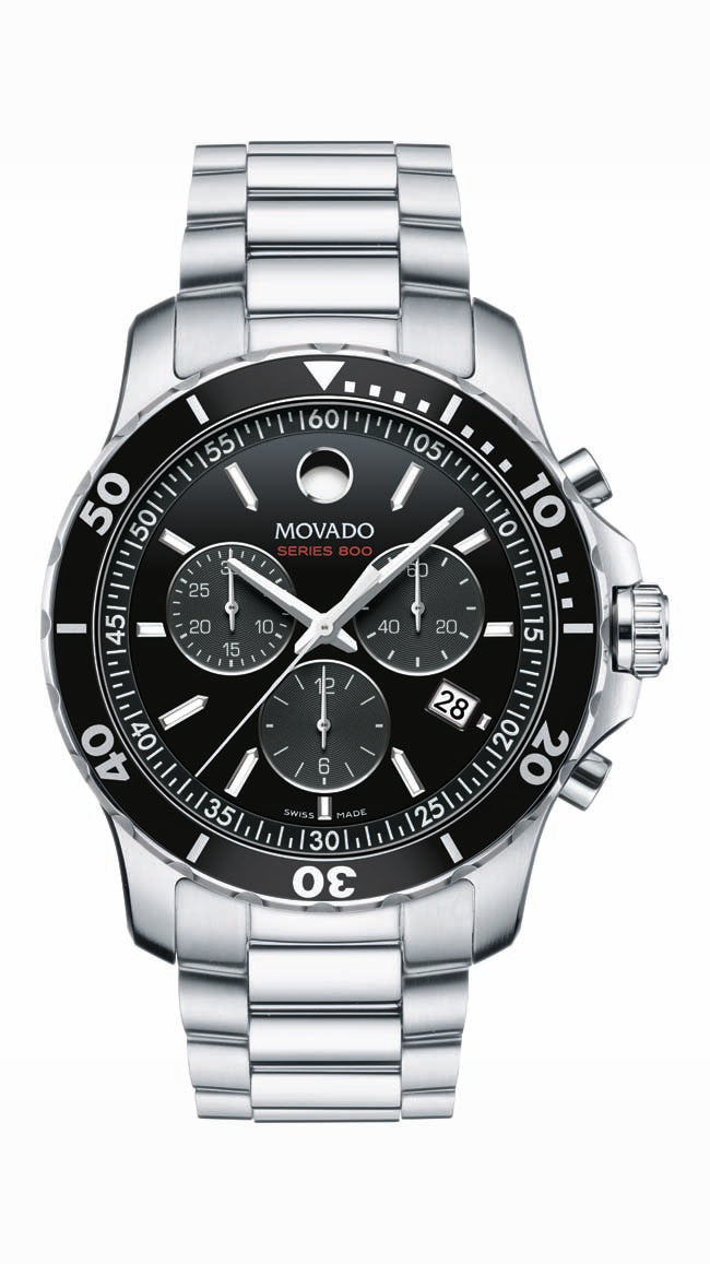 Movado Series 800 Chrono Gents. Performance Steel Case & Bracelet. Black Dial.