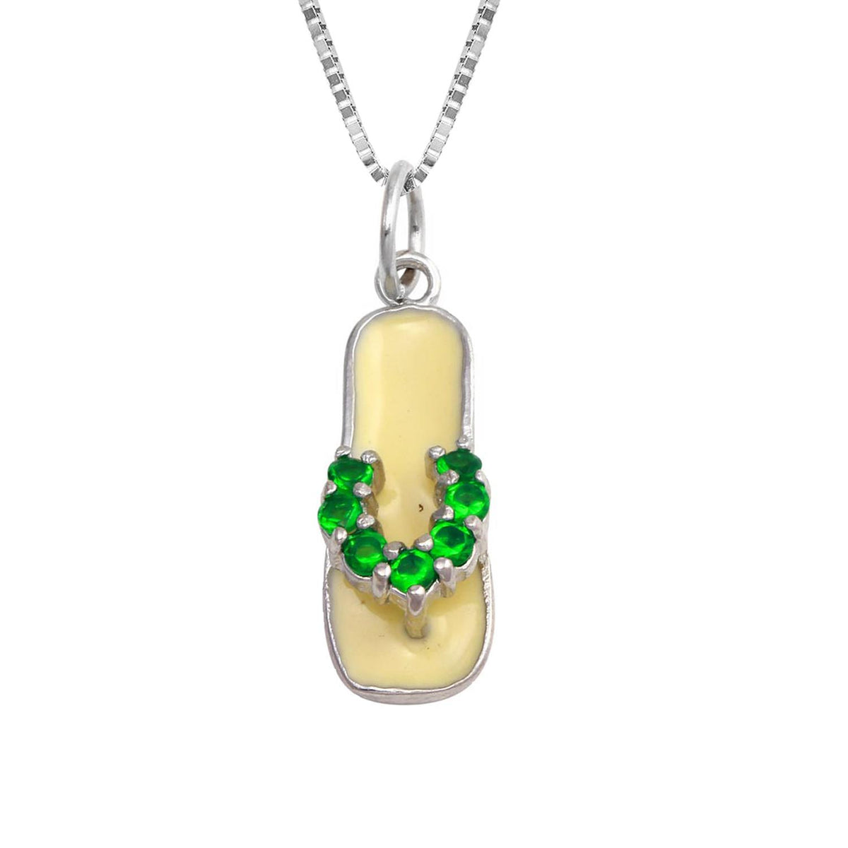 PARIKHS Rhodium Plated White Enamel Green CZ Sandal Pendant with chain in 925 Sterling Silver