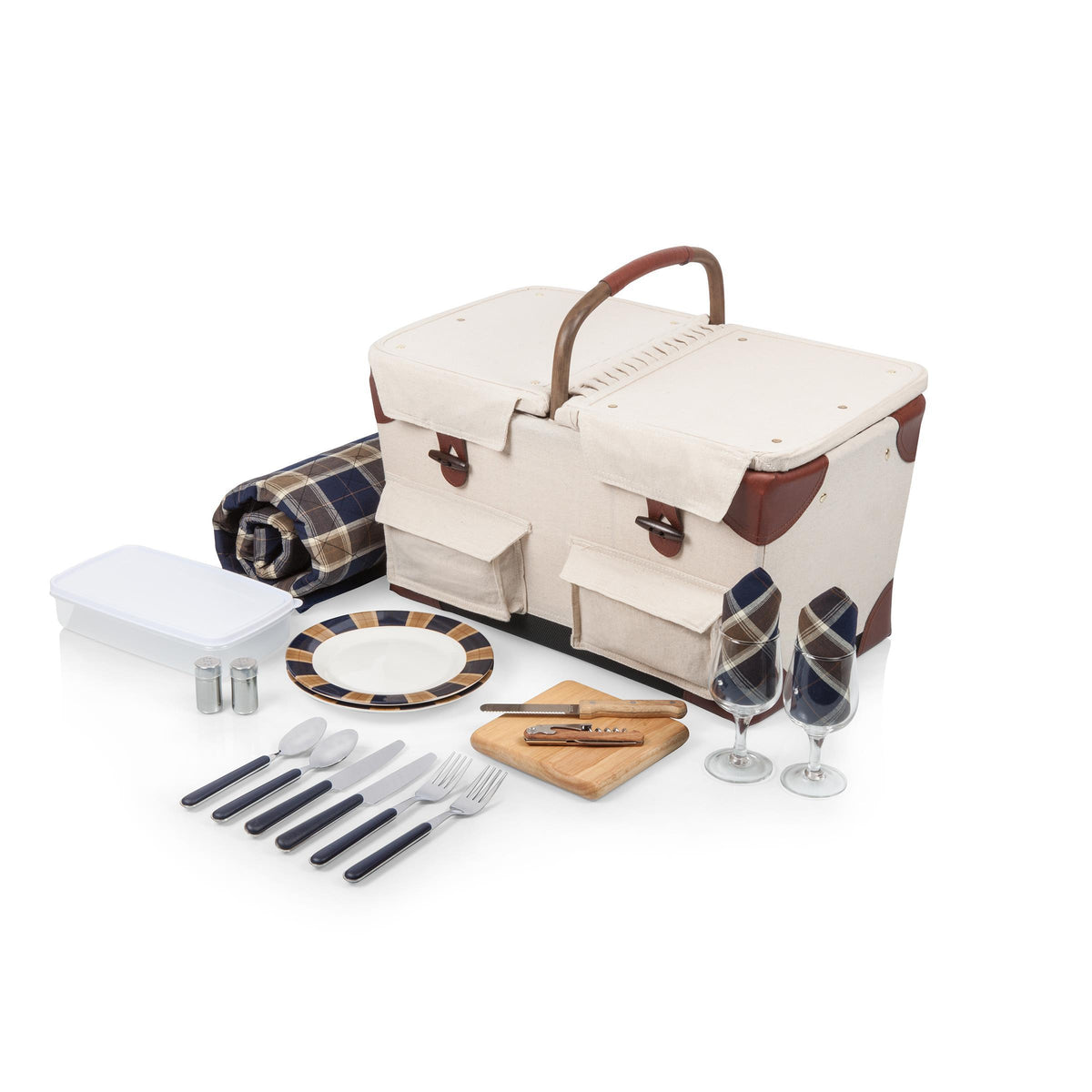 Picnic Time Pioneer Basket - Beige Canvas with Navy Blue & Brown Accents