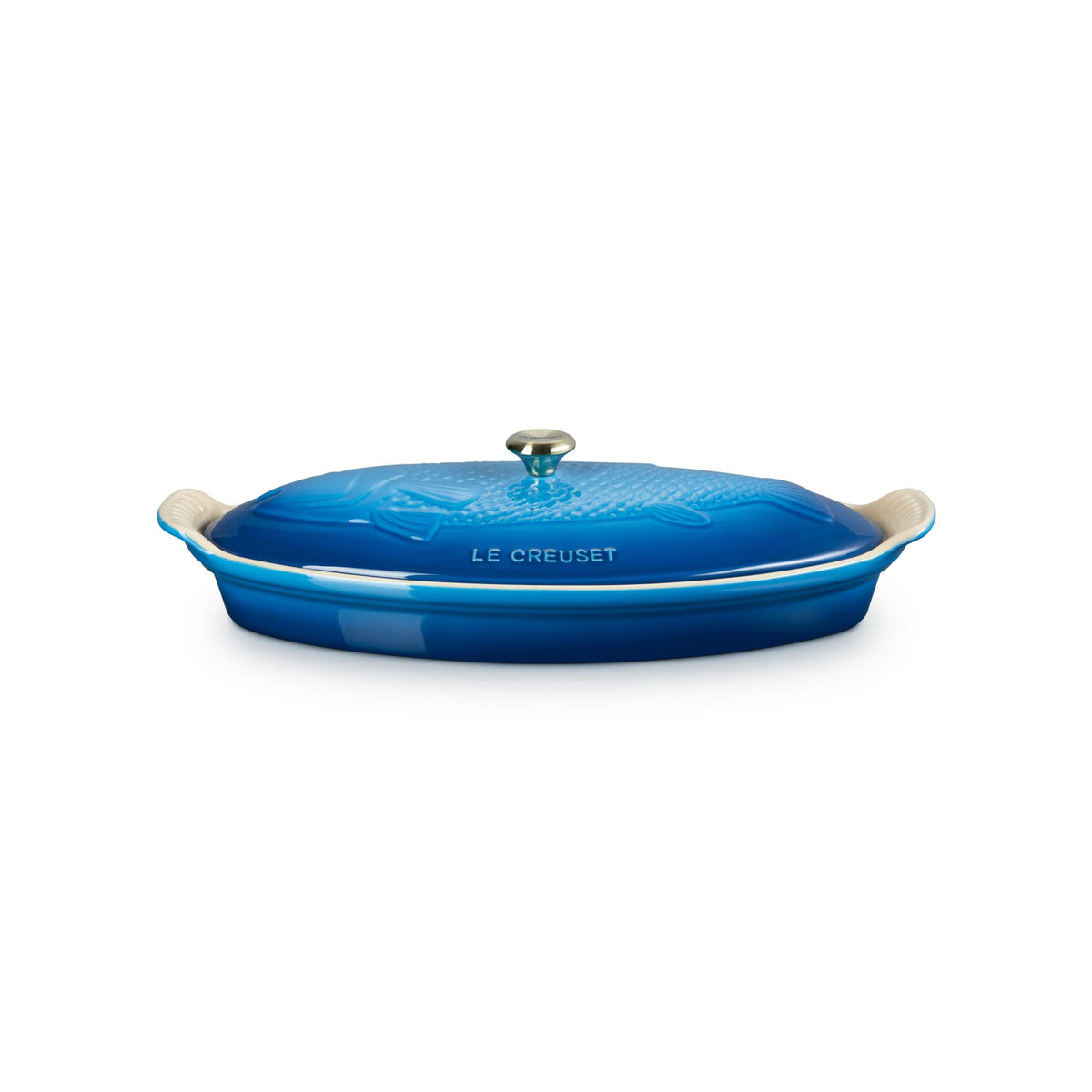 Le Creuset 1.7qt Heritage Stoneware Fish Baker w/ Gold Knob Lid Marseille