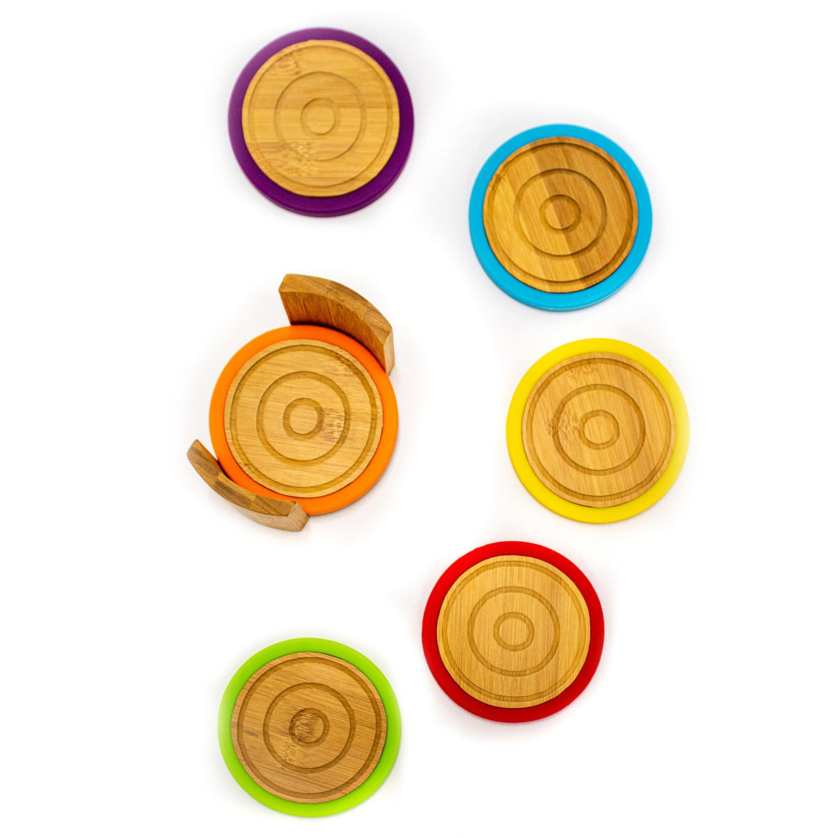 BergHOFF Bamboo 6pc Multi-Color Coaster Set with Silicone Rims