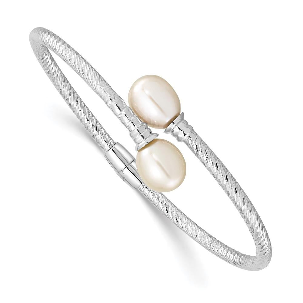 Distinctive Sterling Silver 8-9mm White Rice Freshwater Cultured Pearl Hinged Bangle