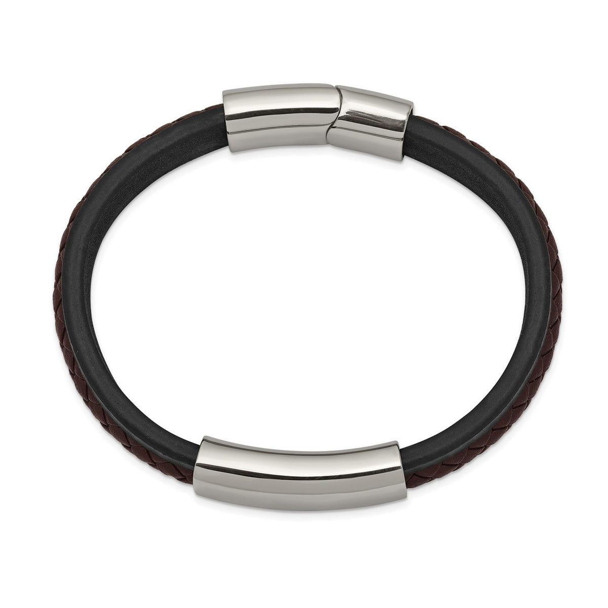 Distinctive Stainless Steel Polished Black & Brown Braided Leather 8.25in ID Bracelet