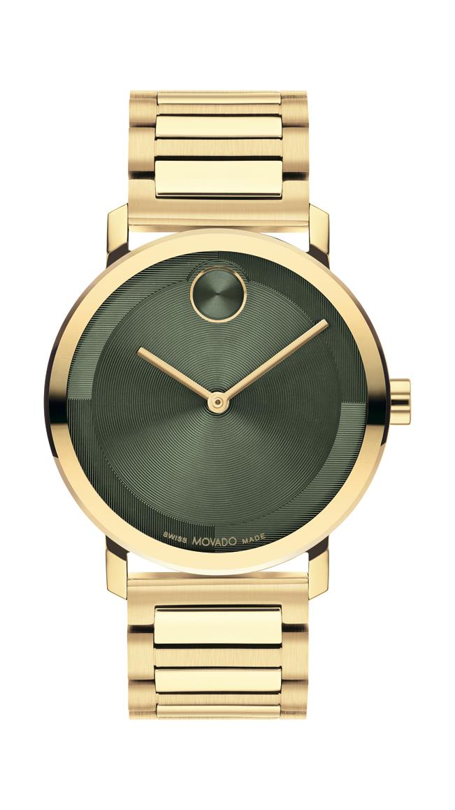 Movado Bold Evolution 2.0 Gents. Light Yellow Gold IP Case & Bracelet. Green Dial.