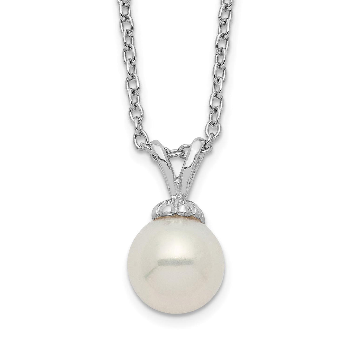 Distinctive Sterling Silver Rhodium-Plate 7-7.5mm White Round FWC Pearl Necklace
