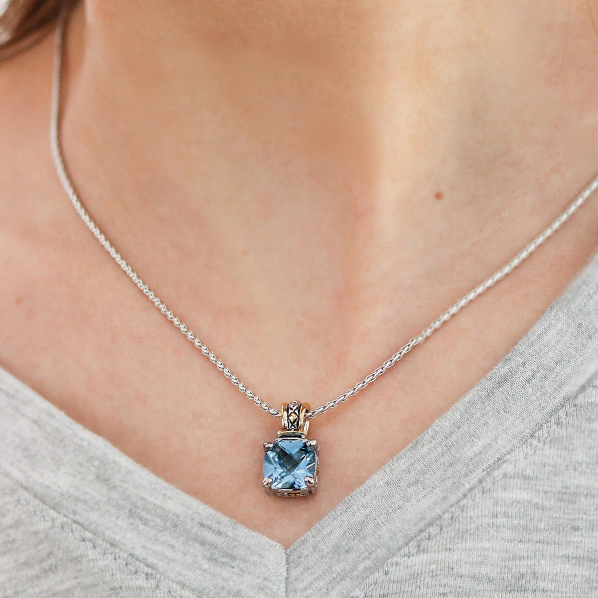 John Medeiros Beijos Square Cushion Cut Pendant 10x10mm CZ Necklace Aqua.16-18"L adjustable Pendant: 3/4"L x 3/8W