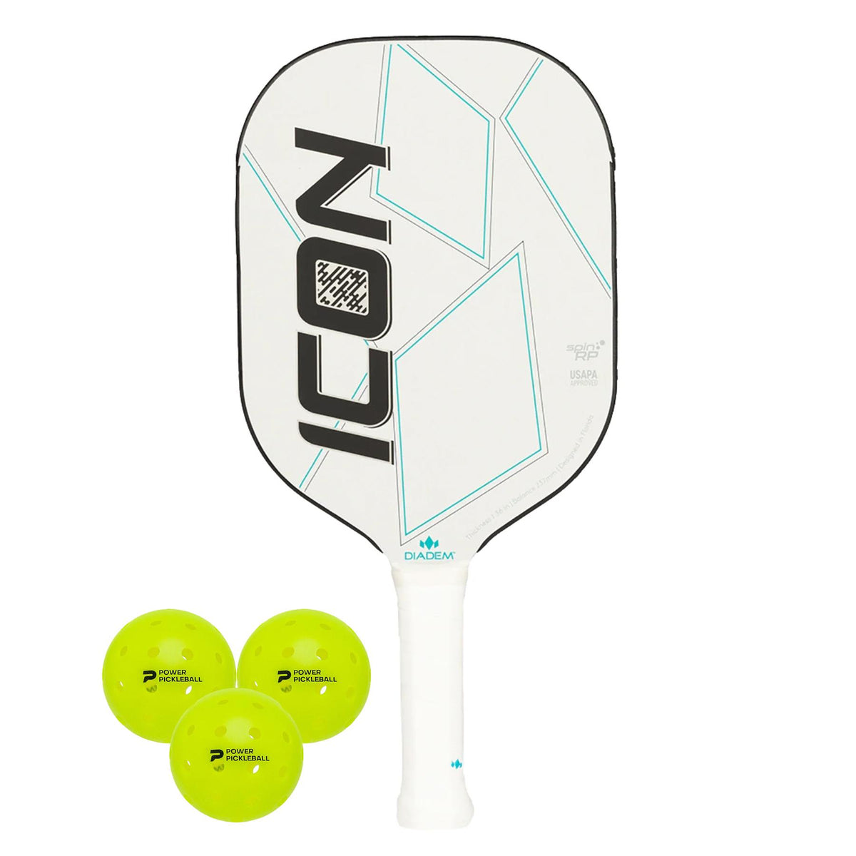 Diadem Sports Icon Pickleball Paddle Kit (White Lite Paddle/3pk Balls)
