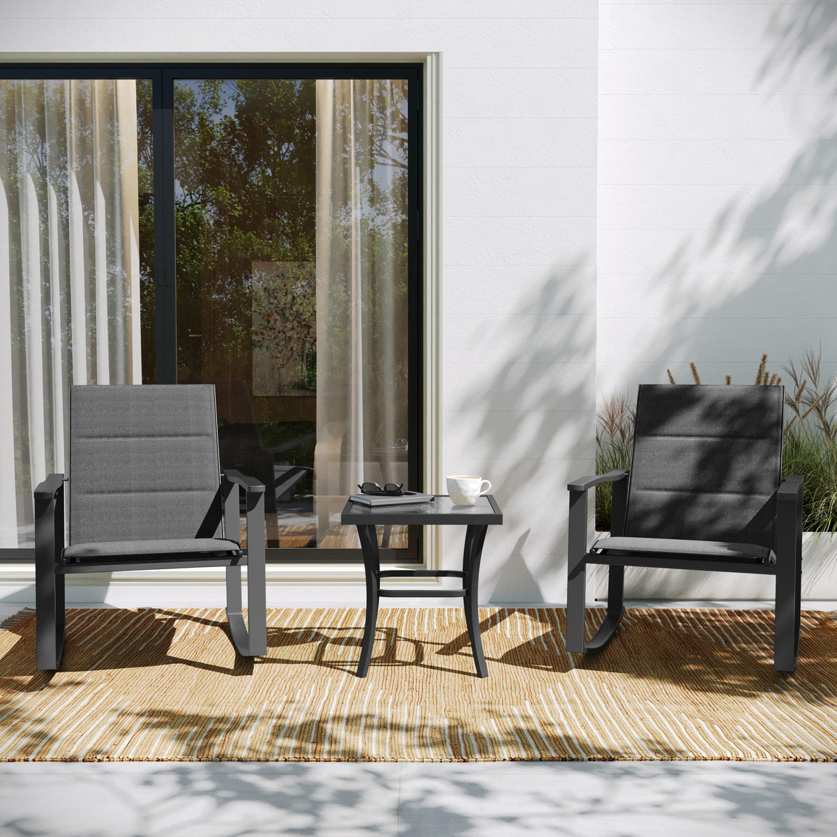 Flash Furniture 3 Piece All-Weather Rocking Chairs and Glass Top Table Bistro Set - Gray/Black