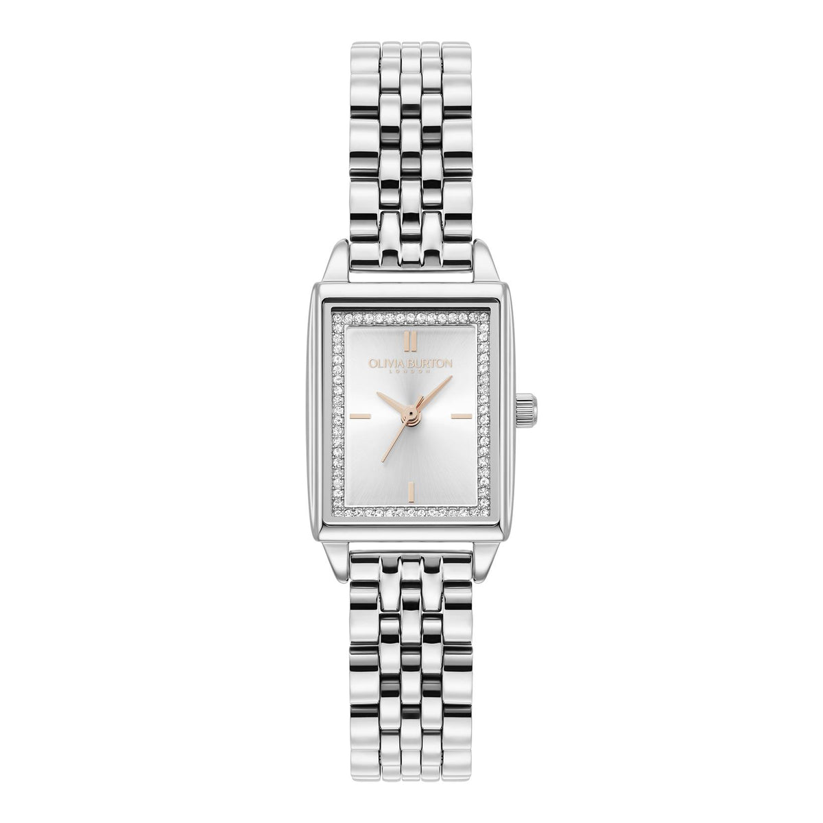 Olivia Burton Rectangular. Stainless Steel Case & Bracelet. White Dial with crystals