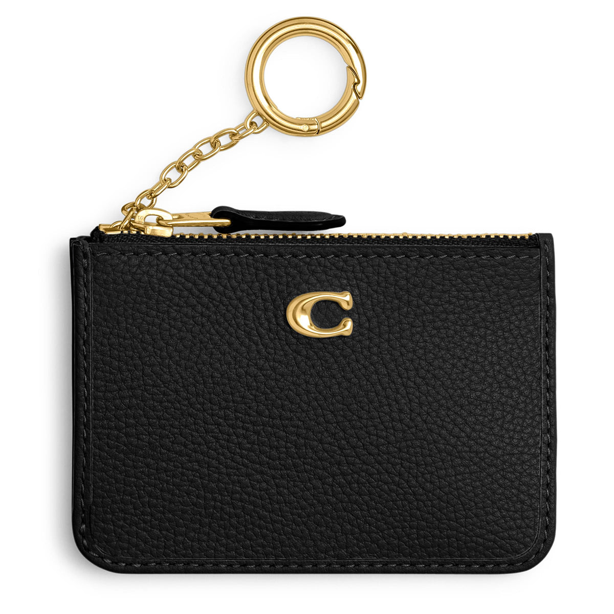 COACH Polished Pebble Leather Mini ID Skinny Card Case - Black/Brass