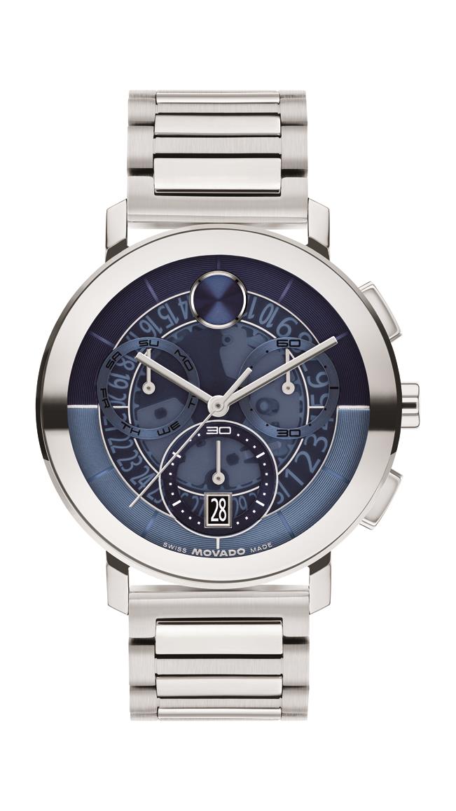 Movado Bold Evolution 2.0 Gents. Stainless Steel Case & Bracelet. Blue Chrono Skeleton Dial.