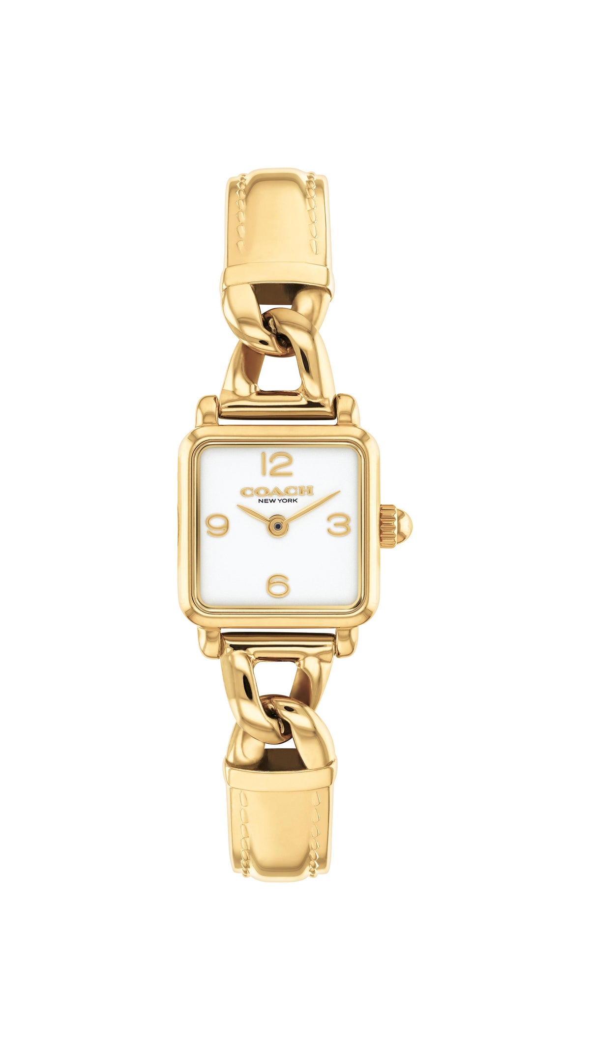 Coach Cass Ladies. Gold Plated Square Case. Gold Plated stitched metal bangle. White dial.
