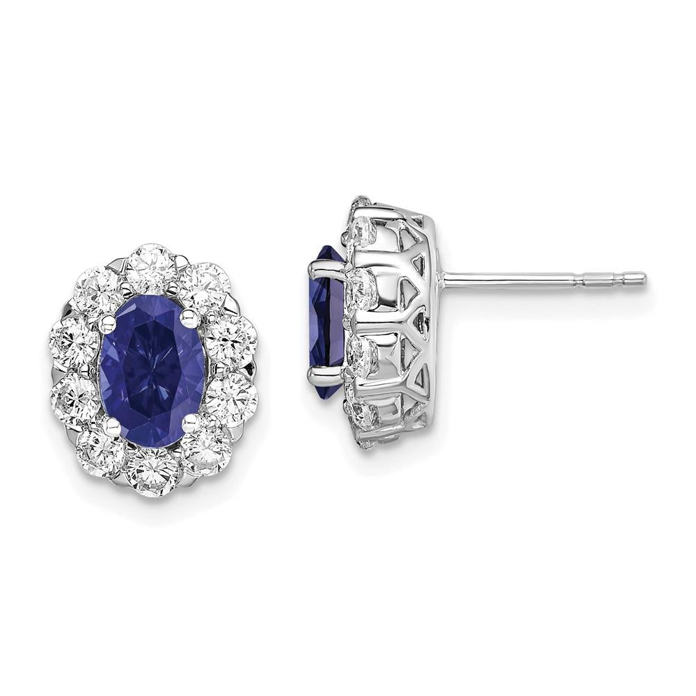 Distinctive 14K White Gold Lab Grown Diamond and Created Oval Blue Sapphire Fashion Earrings